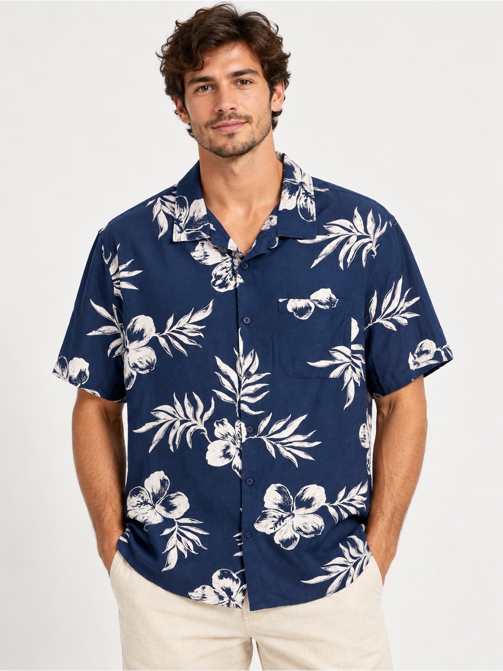 Magaschoni Man L Navy White Floral Hibiscus Linen Blend Hawaiian Shirt
